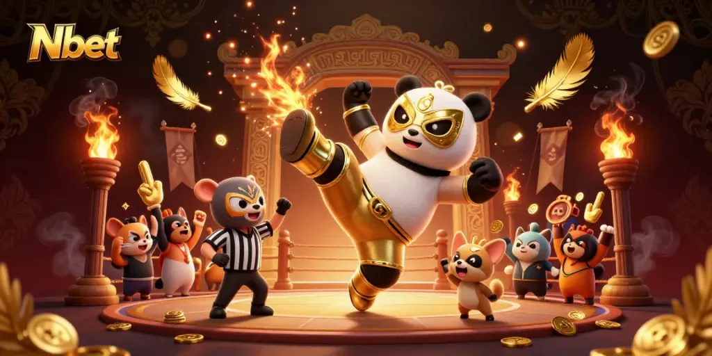 N bet showcases a thrilling moment in a vibrant cartoon arena with a wrestling panda and cheering spectators.