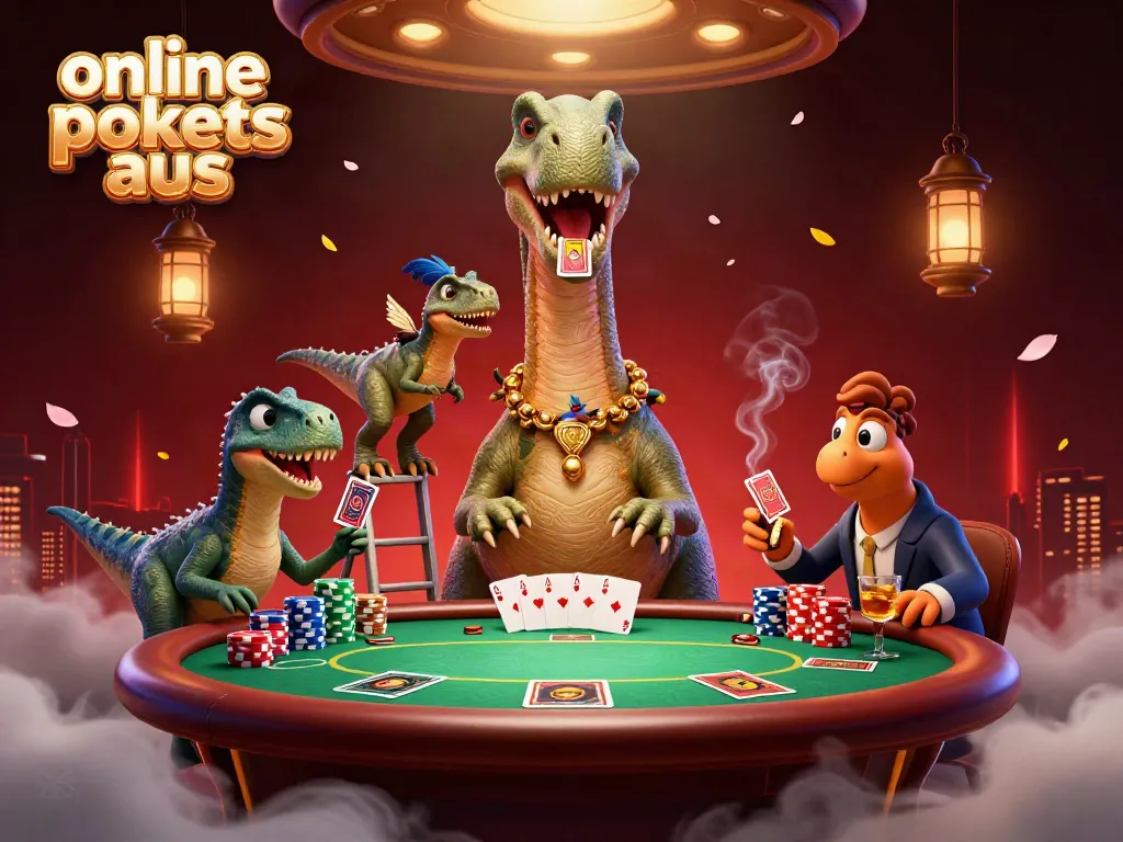 Engage with thrilling online pokies aus at a vibrant casino scene featuring a brontosaurus dealer.