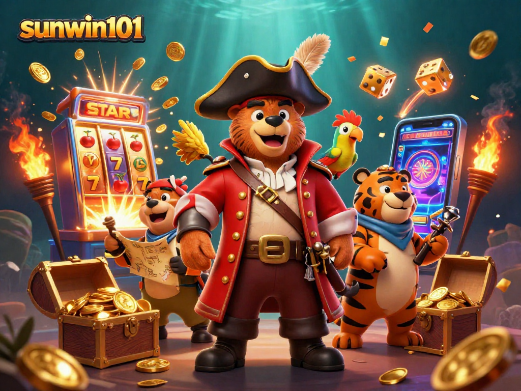 Experience thrilling jackpots with sunwin101 in this vibrant pirate-themed casino illustration.
