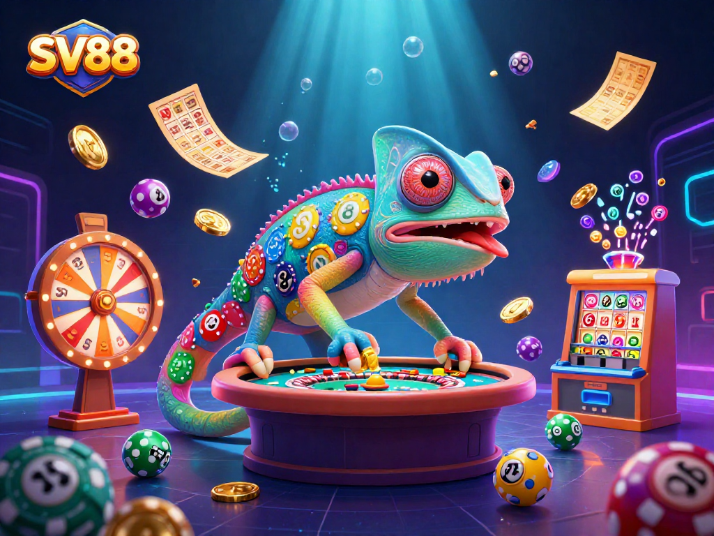 Engage in thrilling gameplay at SV88 with dynamic lottery elements and a colorful chameleon casino owner.