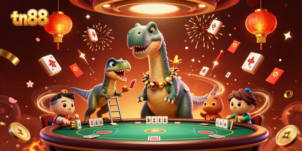 Engage in thrilling gameplay at tn88 with a vibrant casino scene featuring playful dinosaur characters.