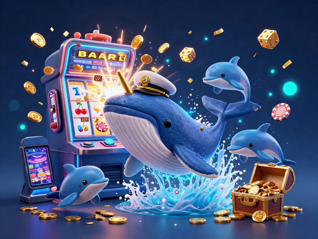 B52CLUB captures excitement with a whale and dolphins amid riches in this vibrant casino scene.