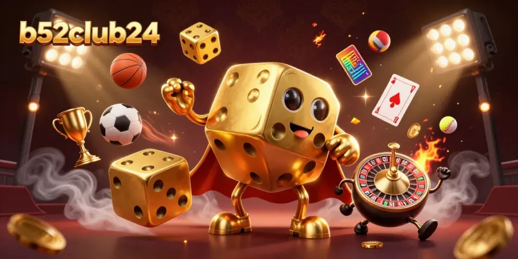 Engage in thrilling games with b52club24's dynamic gambling scene, showcasing vibrant characters and casino elements.