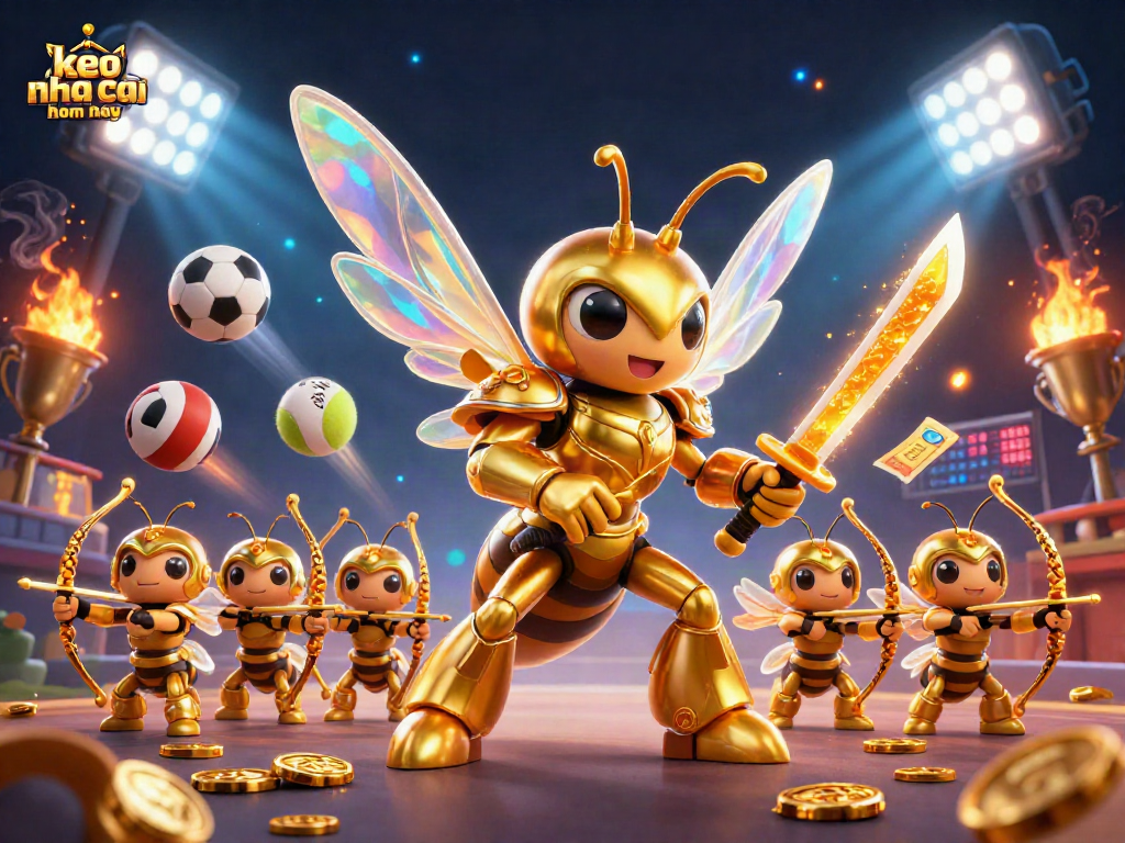 Bet on keo nha cai hom nay with a dynamic scene featuring sports betting elements, golden hornet, and 3D characters.