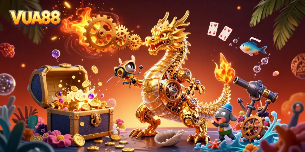 Engage in exhilarating gaming at VUA88 with a breathtaking 3D dragon and treasure-filled underwater scene.