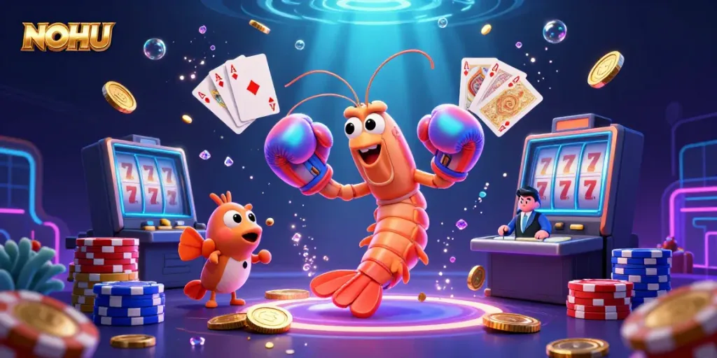 Experience NOHU's exciting gambling scene featuring colorful characters, slot machines, and casino elements.