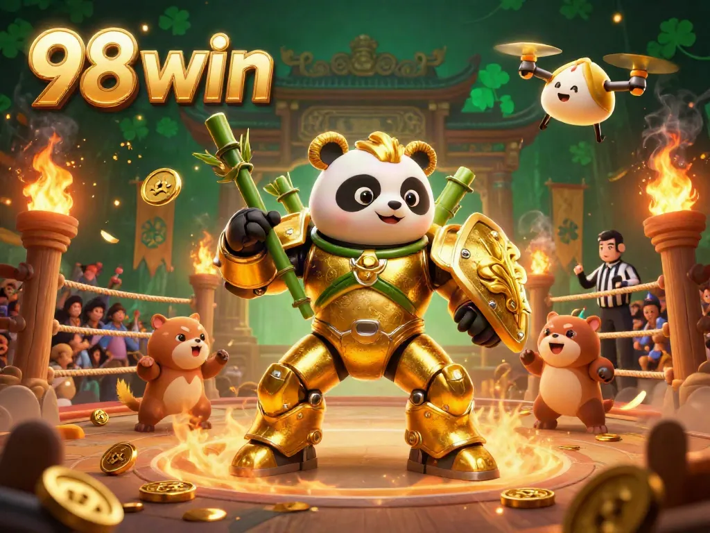Experience 98 win with an energetic 3D casino scene featuring a mech-suit panda and dynamic game elements.