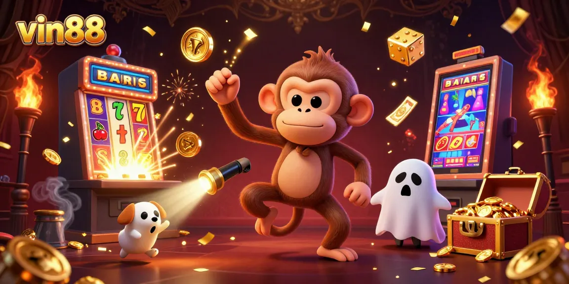 Experience the excitement of vin88 with a lively casino scene featuring a poltergeist monkey and ghost-hunter puppy.