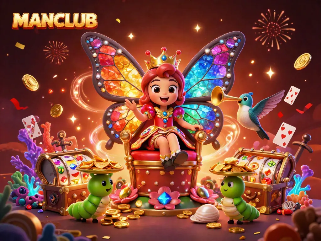 Engage in MANCLUB's exciting casino scene with a cartoon butterfly queen amidst slot reels and gold coins.