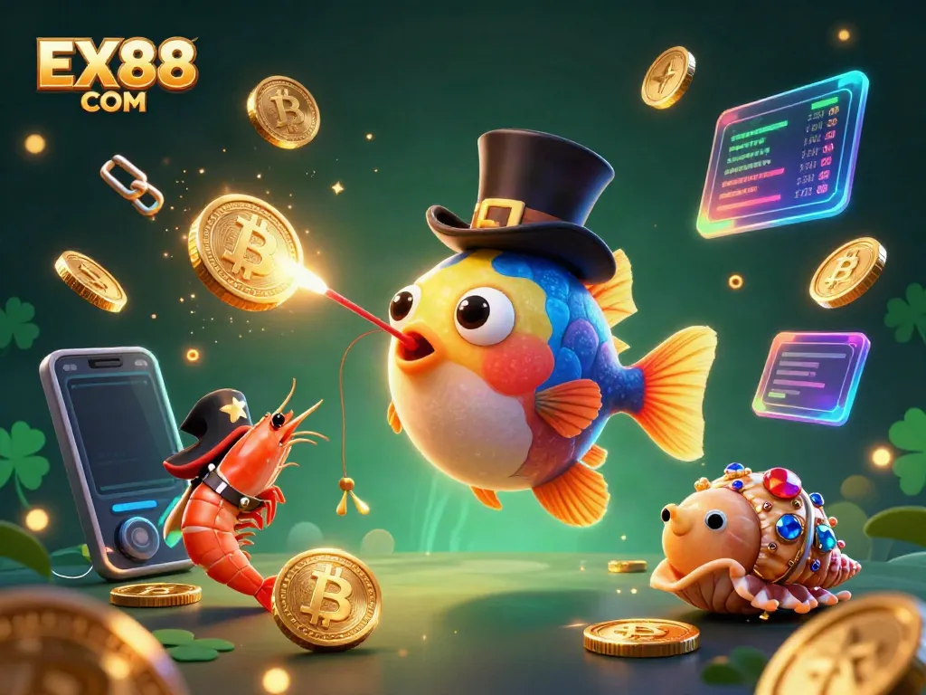 Engage with EX88 COM's bright casino illustration showcasing an anglerfish attracting coins amid crypto elements.