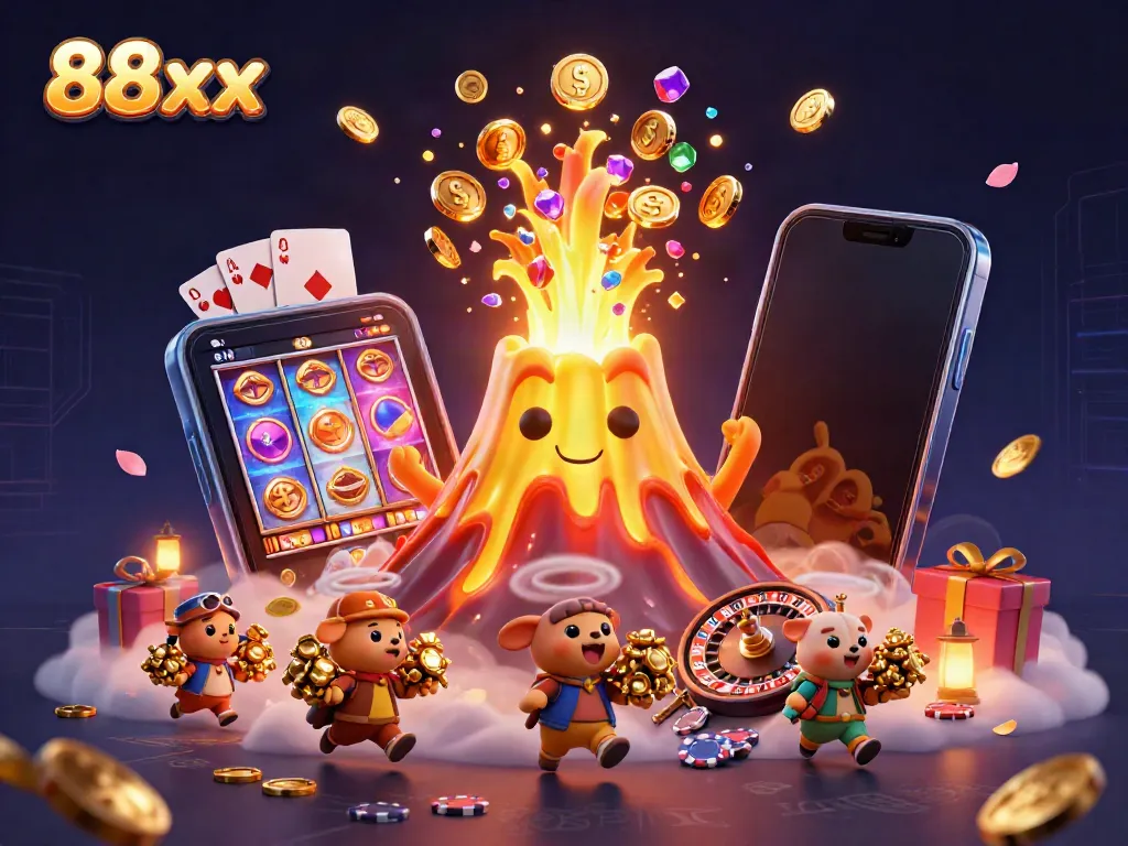 Experience the 88xx world of fun with a triumphant volcano erupting coins and treasure, capturing the spirit of excitement.