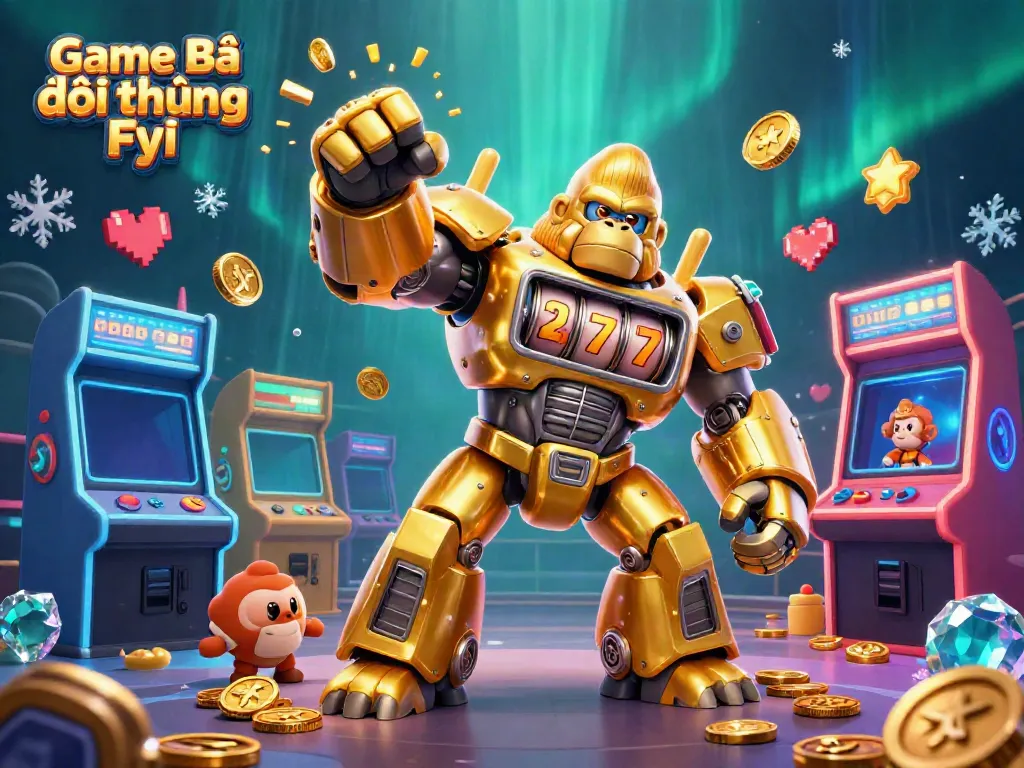 Experience thrilling gameplay with Game Bài Đổi Thưởng Fyi's vibrant 3D casino illustration, featuring slot machine elements.