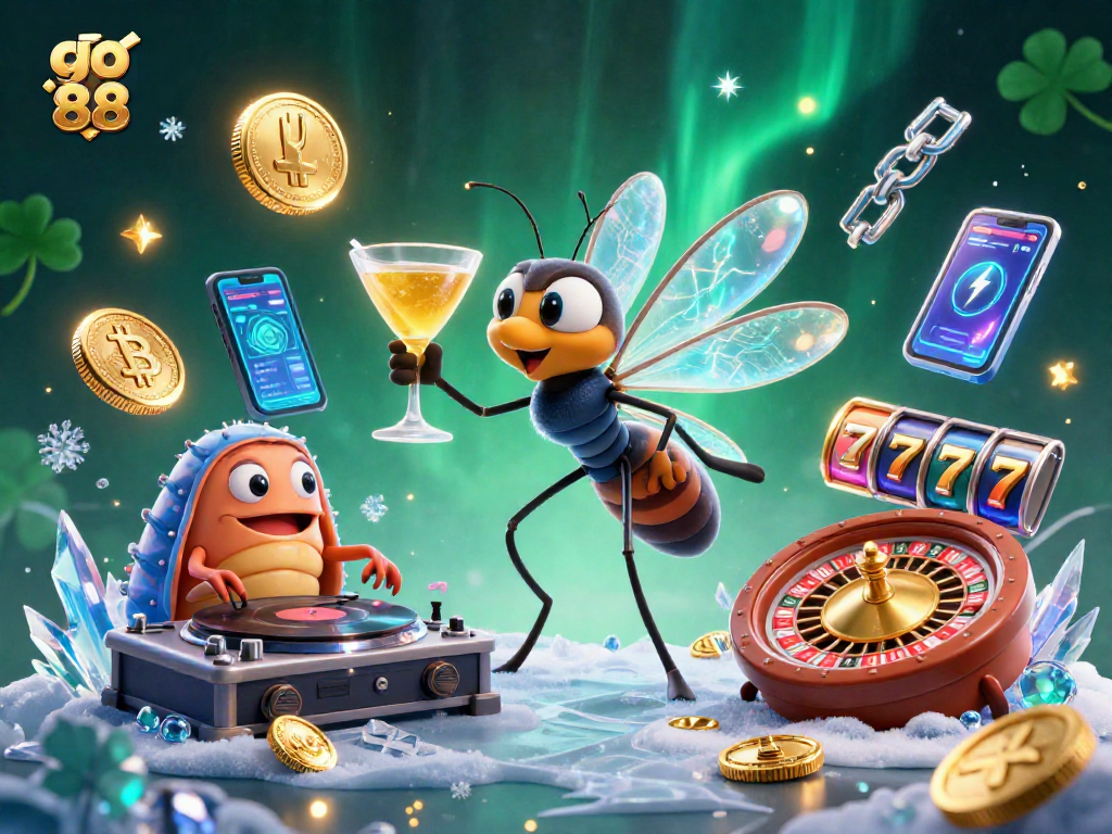 Experience thrilling gaming with go 88 in a vibrant casino scene featuring animated characters and crypto elements.