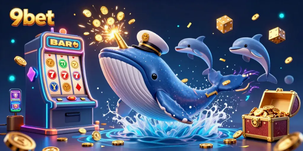Engage with 9bet's thrilling world of live casino and slots featuring a whimsical whale surrounded by vibrant gaming elements.