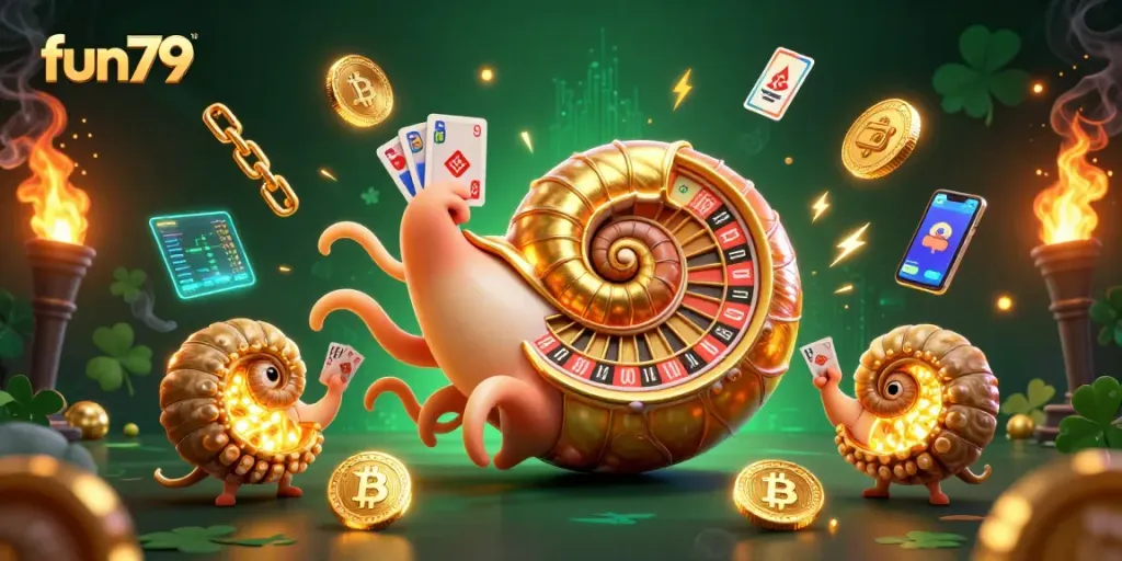 Spin the fun79 roulette wheel with vibrant, glowing characters and crypto coins surrounding it.