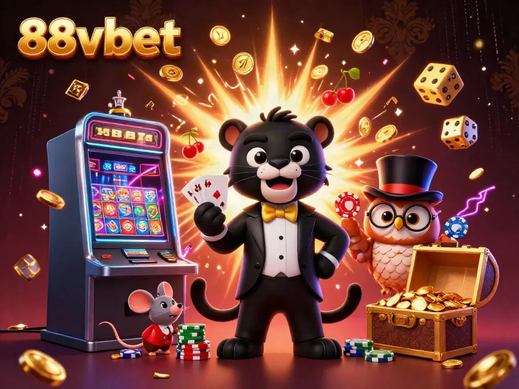 Engage with 88vbet at a casino scene featuring a black panther dealer, owl with chips, and a lucky mouse.