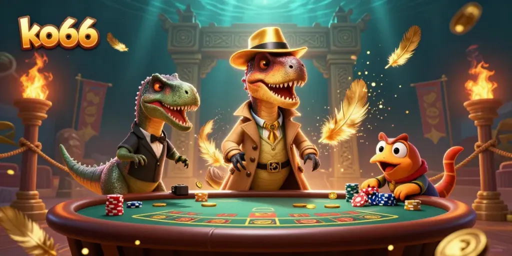Experience thrilling gaming action at ko66 with playful characters in a vibrant casino setting.