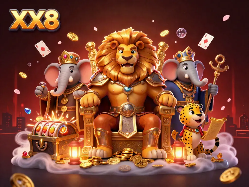 Engage in gaming excitement with the majestic XX8 lion king and vibrant casino elements.