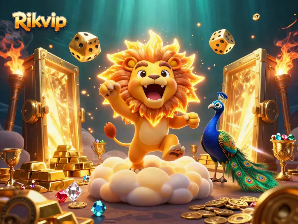 Experience the excitement of Rikvip, featuring vibrant 3D elements like golden dice and a roaring lion.