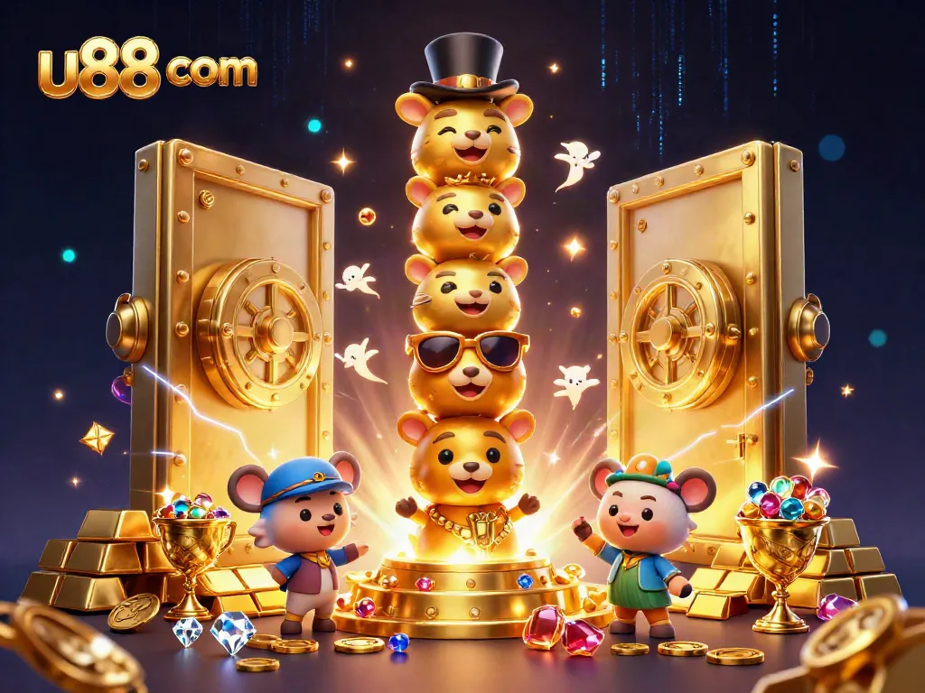 Experience thrilling gaming action at u88 com, featuring a vibrant scene filled with casino treasures and lively characters.