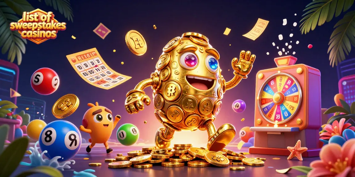 Engage in the excitement of the list of sweepstakes casinos with a thrilling 3D scene featuring a golden golem and vibrant game elements.