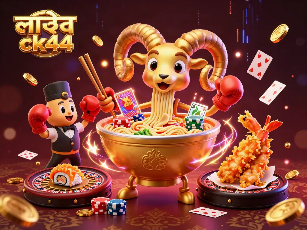Engage with লাইভ ক্যাসিনো ck44 featuring a vibrant golden ramen bowl dealer with lively characters in a dynamic casino scene.