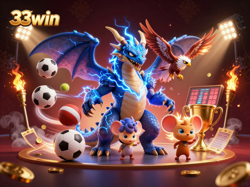 Experience the excitement of betting with 33win, featuring dynamic 3D cartoon characters in a vibrant casino scene.