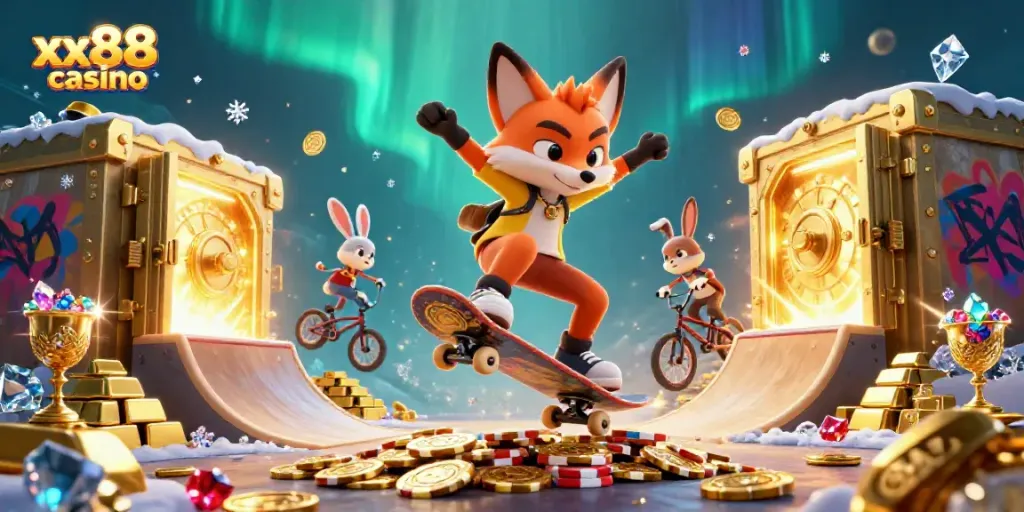Experience thrilling gaming at xx88 casino with vibrant characters and sparkling treasures.