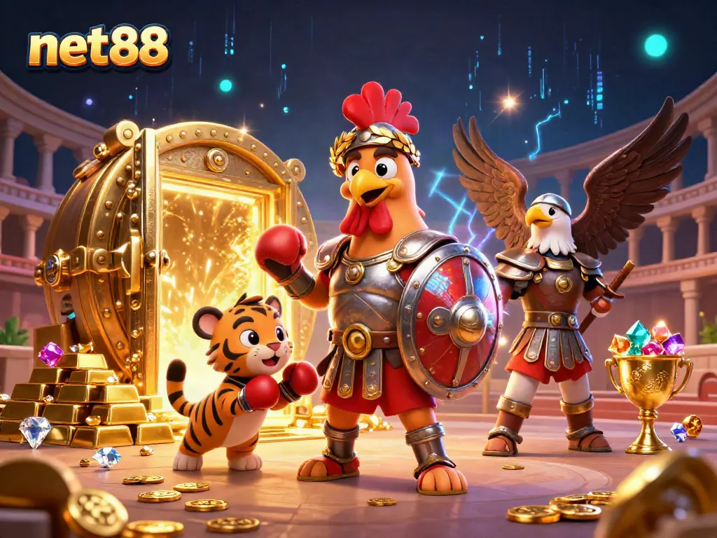 Engage with net88's dynamic gaming experience featuring a lively colosseum scene filled with treasure and energy.