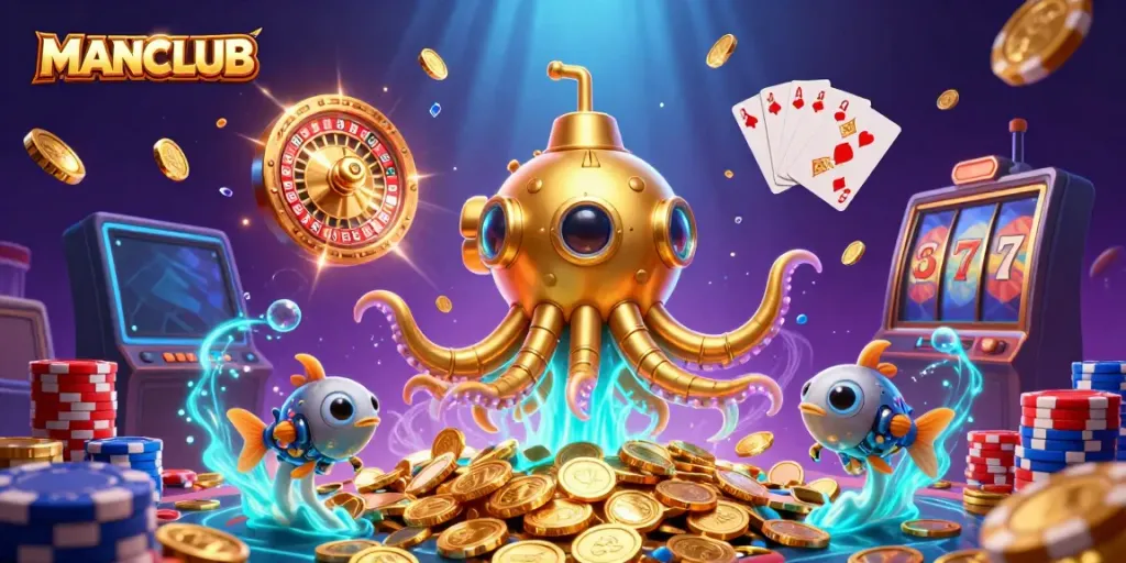 Experience the thrill of gambling with the MANCLUB kraken submarine amid golden coins and vibrant gaming elements.