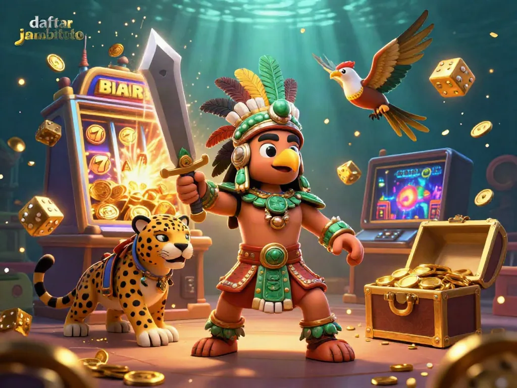 Engage in the thrilling world of daftar jambitoto with an Aztec warrior, jackpot slot machine, and casino excitement.
