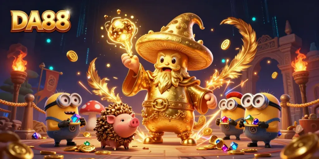 Experience the thrill of DA88 casino magic as treasures and games unfold in a rich, vibrant scene.